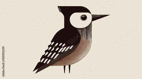 Stylized illustration of a woodpecker with white, brown, and black detailing on a cream background