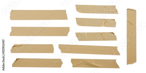 Collection of realistic brown masking tape strips and pieces, isolated on white background, versatile graphic design elements