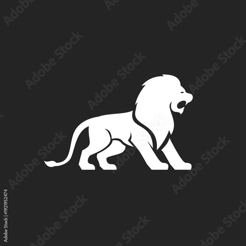 White Roaring Lion Silhouette Logo Design on Black Background Symbolizing Strength and Power