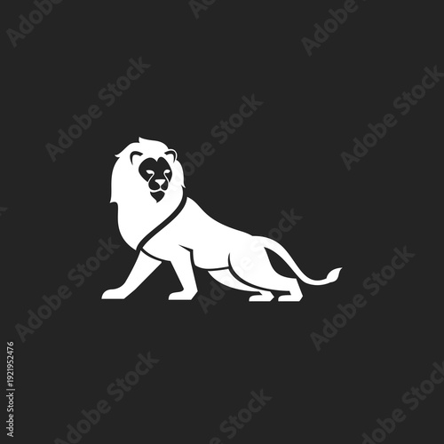 White Lion Logo, Stylized Graphic Icon of Majestic Sitting Lion for Branding and Design