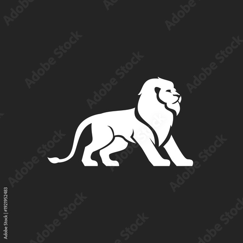 Modern White Lion Silhouette Logo Standing in Profile. Minimalist Vector Illustration of a Majestic Wild Big Cat Symbolizing Strength and Leadership on a Dark Background.