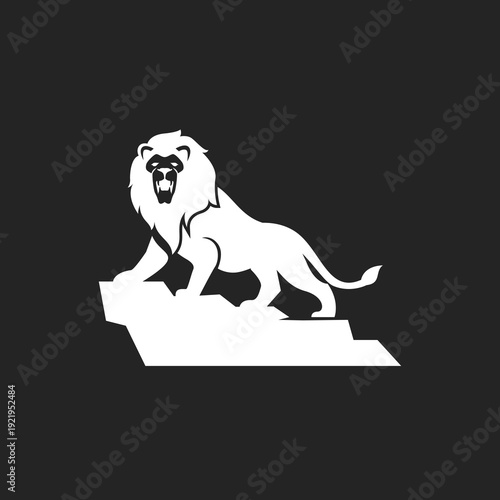 Powerful White Roaring Lion Standing on Rock Logo Vector Icon