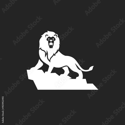 Powerful Roaring Lion Logo Standing on Rock - Minimalist Silhouette Icon