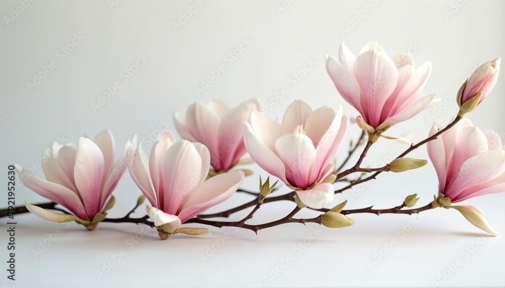 Obraz premium Delicate pink and white magnolia flowers branch with buds. Soft pastel petals open on dark woody stem against plain white background. Natural beauty detail.