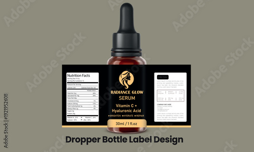 Serum Bottle Label & Packaging Design, skincare branding for beauty, wellness, and cosmetic product label packaging.
