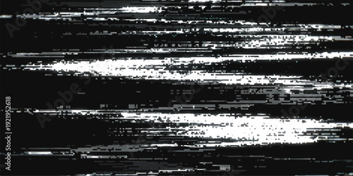 Distorted black and white horizontal lines abstract background with digital glitch effect, modern retro noise texture for technology or data corruption concepts
