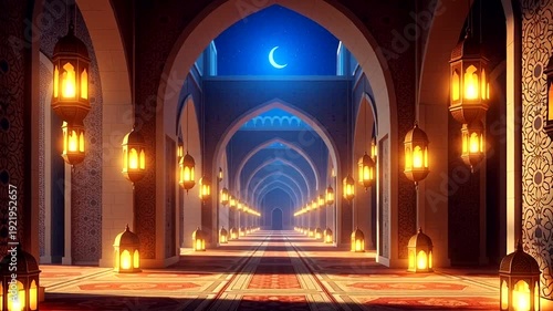 Illuminated Archway with Lanterns and Crescent Moon.