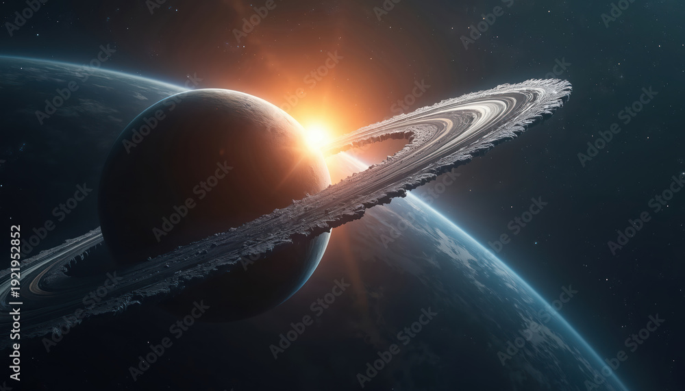 Obraz premium Cosmic scene shows a ringed planet orbiting another world. Sun shines brightly between celestial bodies. Stars fill dark universe background.