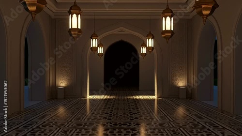 Ornate Archway Hallway with Lanterns and Tiles.