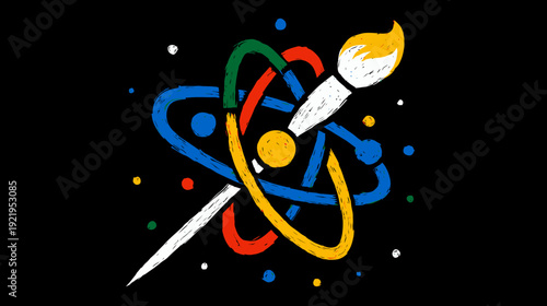 A creative illustration featuring a brush superimposed over an atomic structure with colorful strokes on black
