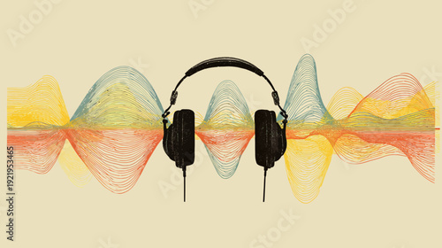 A stylized illustration depicting headphones overlaid on colorful wave-like patterns