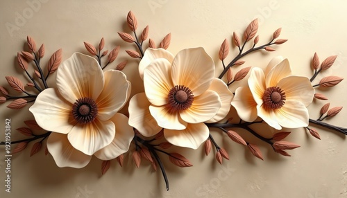 Cream 3D flower arrangement on beige background. Delicate petals unfold from textured brown centers. Branch with brown leaves frames artwork.