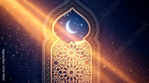 Islamic Archway with Crescent Moon Night Sky.