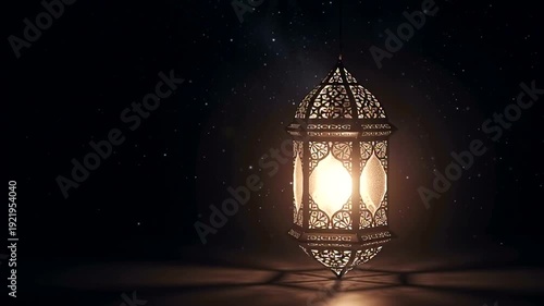 Ornate Lantern Illuminated in Dark Room.