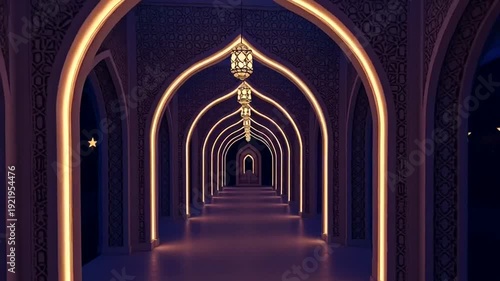 Illuminated Archway Tunnel with Golden Lights.