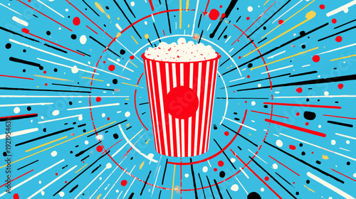 A red and white striped container holding popcorn, against a blue background with radiating abstract lines