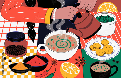 Woman pouring aromatic masala tea into cup on colorful textured table top view warm cozy beverage scene rich spices inviting atmosphere