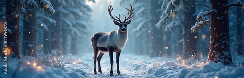 Majestic reindeer stands in snowy forest. Pine trees covered with snow, warm lights twinkle. Magical winter night, festive atmosphere, copy space for text. Celebrate holidays.