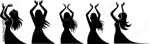 Dancing woman silhouettes collection, female dancers posing isolated on white background, elegant movement set, cad drawing flat vector illustration
