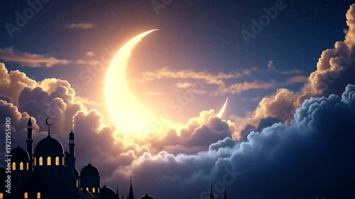 Crescent Moon Over Mosque Silhouette Night Sky.