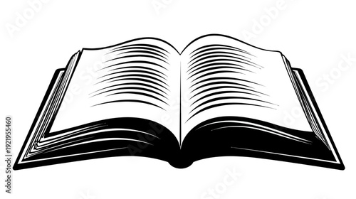 A black and white illustration of an open book with lines of text on white pages