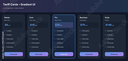 Pricing Plan Cards Gradient UI for SaaS Subscription Page.Gradient tariffs, pricing table UI with five subscription plan cards. Vector tariffs, web page template, Pricing Plan Cards UI, UX. Vector set