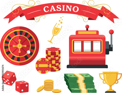 Vibrant casino scene illustration featuring roulette wheel, slot machine, dice, and trophy from a front viewpoint