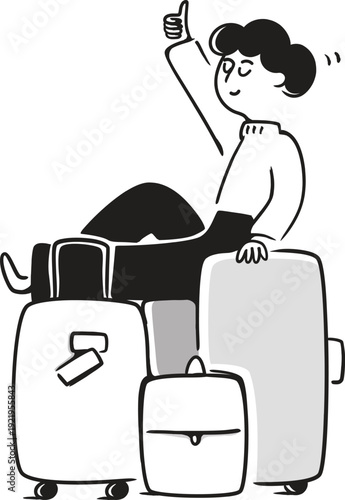 Happy Traveler Sitting on Suitcases Thumbs Up Line Art Illustration