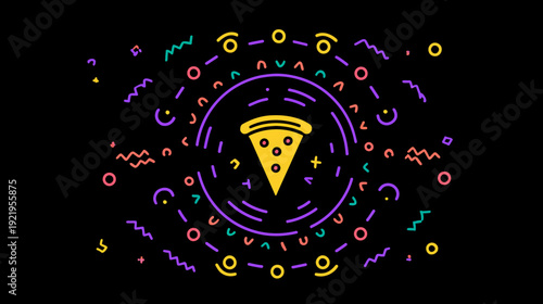 A geometric pizza slice surrounded by colorful shapes on a black background
