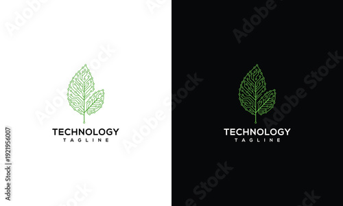 Green Technology Leaf Logo Design. Sustainable Eco Tech Branding Symbol. Digital Nature Icon.