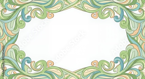 Art Nouveau inspired decorative frame with flowing organic swirls and natural curved lines in soft pastel green blue and beige tones a beautiful border offering generous copy space for creative