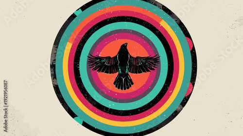 A stylized black bird spreads its wings in front of a colorful, concentric circle design