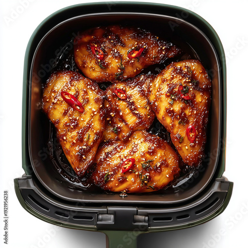 full top view Ultra-realistic product photo of a modern blue air fryer with drawer pulled out, top view studio product shot, basket fully filled with four large chicken breasts overlapping eachother
