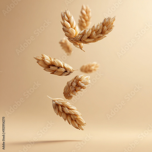 Frontal shot of several wheat grains floating gracefully in a vertical composition. They are arranged in a slightly asymmetrical flow. The background is light beige. 