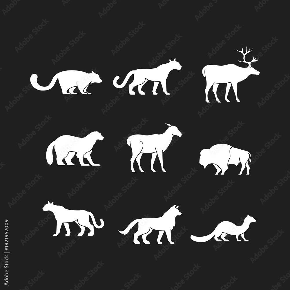 Fototapeta premium Set of Wild Animal Silhouettes Vector Icons on Dark Background