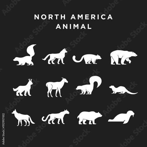 North America Animal Silhouettes Set. Vector collection of wild animals from North America, flat design icons.