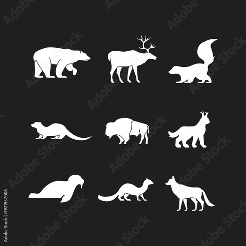 North America Animal Silhouettes Set: White Wildlife Icons on Black Background template