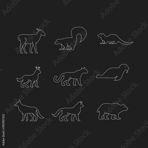 Nine Outline Animal Icons Set: Minimalist Wild Animals Collection Vector Art