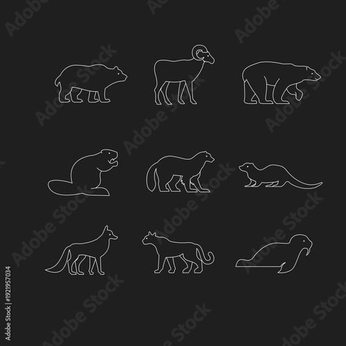 Line Art Wild Animals Outline Icons Set. Collection of North American and Arctic Mammals: Bear, Ram, Polar Bear, Beaver, Mink, Otter, Fox, Puma, Walrus. Simple Vector Graphics.