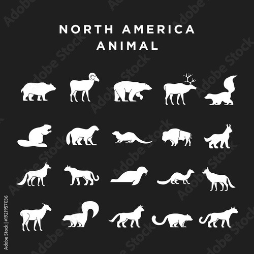 North America Animal Silhouettes Set: White Wildlife Icons on Black Background design
