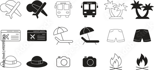 Summer travel and vacation icons set in line and solid style