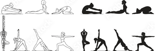 Yoga poses and stretching exercises women silhouettes and line art