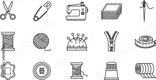 Collection of Essential Sewing and Tailoring Icons Including Needle, Thread, Scissors, and Various Crafting Tools for Design Projects