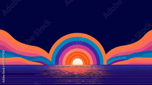 Stylized landscape sunset reflecting on water beneath a layered arch of colorful horizontal bands