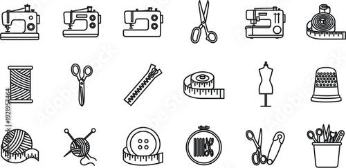 Versatile Set of Sewing and Dressmaking Equipment Icons Featuring Machines, Mannequins, Measuring Tapes, and Knitting Supplies for Tailors