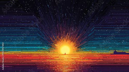 A digital art piece showing a sunset with radiating beams and starry night sky over the ocean
