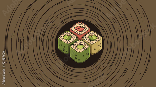 Colorful illustrated sushi rolls, arranged in a square, set on a textured brown background