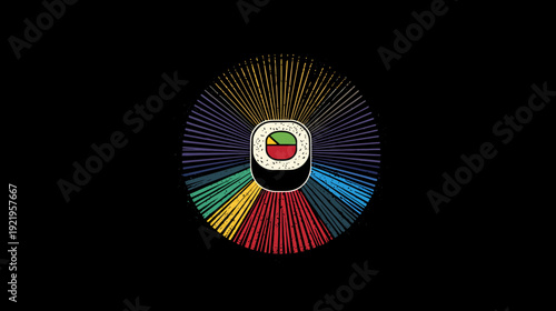 A stylized illustration features a sushi roll at the center with colorful, radial rays emanating from it