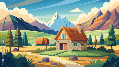 A mountain countryside farm with a traditional stone cottage surrounded by open land simple terrain clean minimal vector illustration peaceful rural environment