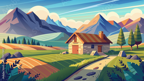 A mountain countryside farm with a traditional stone cottage surrounded by open land simple terrain clean minimal vector illustration peaceful rural environment